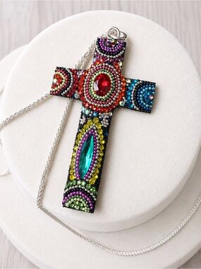 Mexico Sterling Silver 925 Multicolor Crystal Cross Pendant Necklace